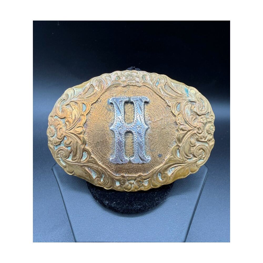 Vintage Crumrine Brass & Silver H Belt Buckle